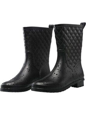 Women's Black Fashion Comfortable Waterproof Mid Calf Lightweight Cute Rain Boot